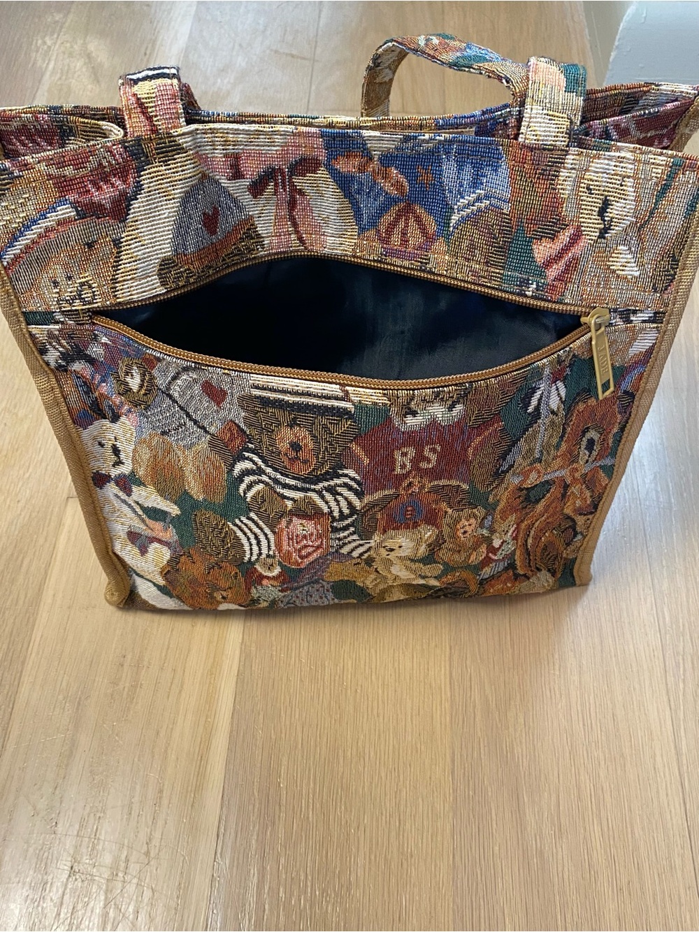 Vintage 90s Tapestry Teddy Bear Tote Bag Grandmacore Cottage Woven Purse - Picture 4 of 16